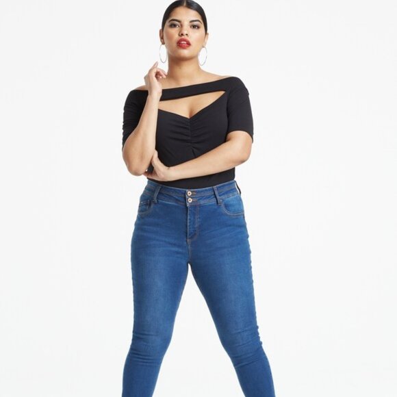 Simply Be Women's Black Bardot Cut Out Ruched Neck Top - Picture 2 of 4